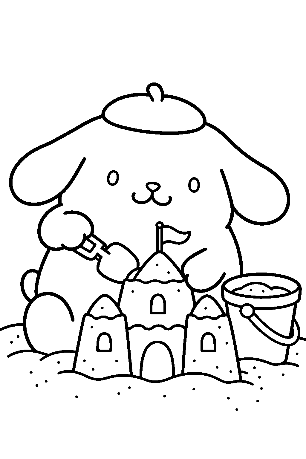 pompompurin building a sandcastle with a bucket and shovel line art