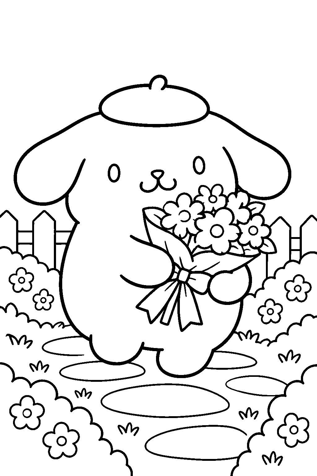 pompompurin carrying a bouquet of flowers along a garden path line art