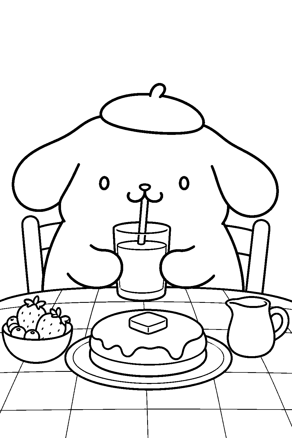 pompompurin drinking milk at the breakfast table line art
