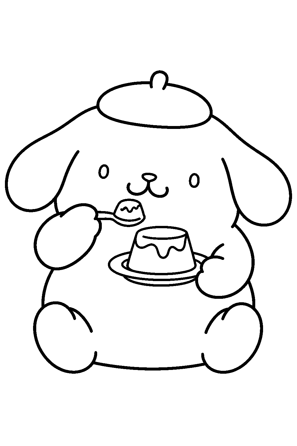 pompompurin eating caramel pudding with a small spoon line art