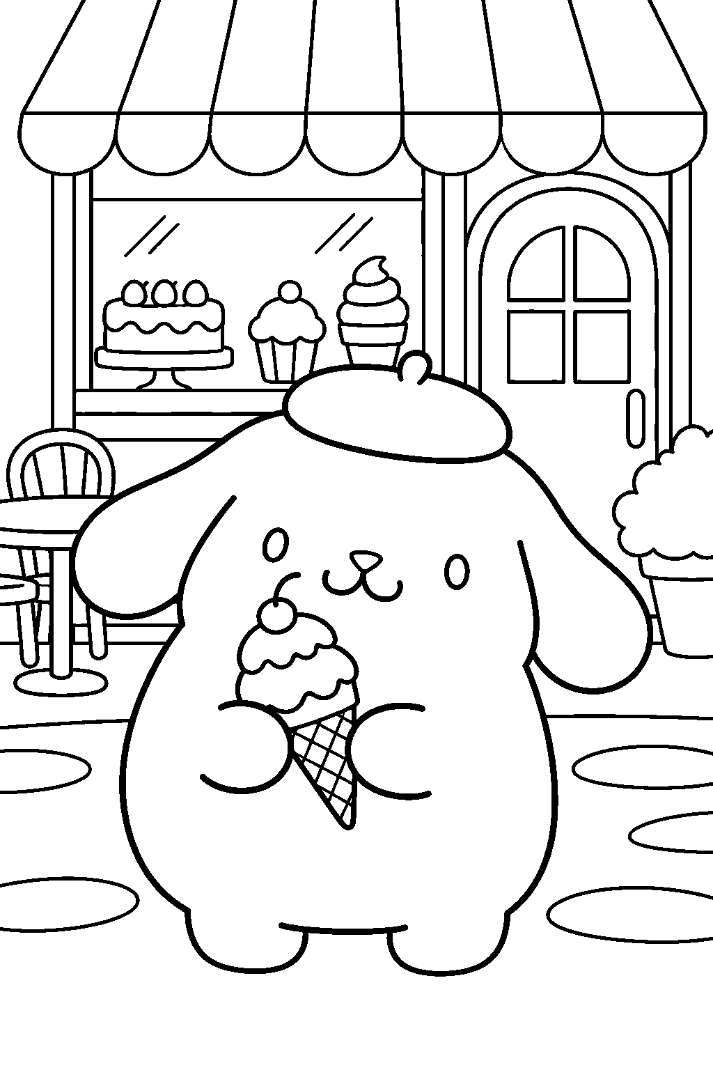 pompompurin enjoying an ice cream cone outside a dessert cafe line art