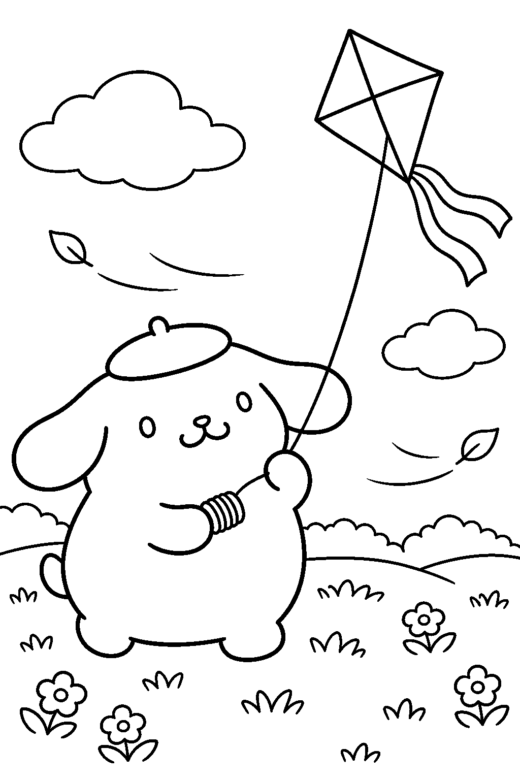 pompompurin flying a kite in a breezy meadow line art