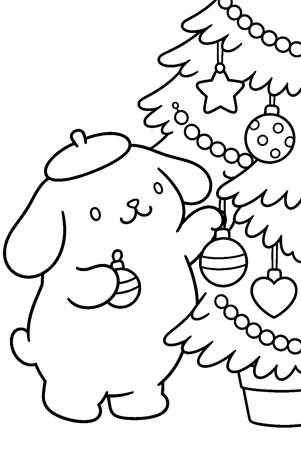 pompompurin hanging ornaments on the lower branches of a christmas tree line art
