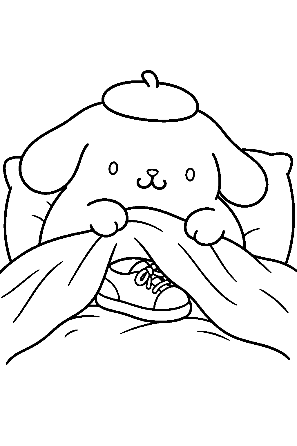 pompompurin hiding a shoe beneath his blanket line art