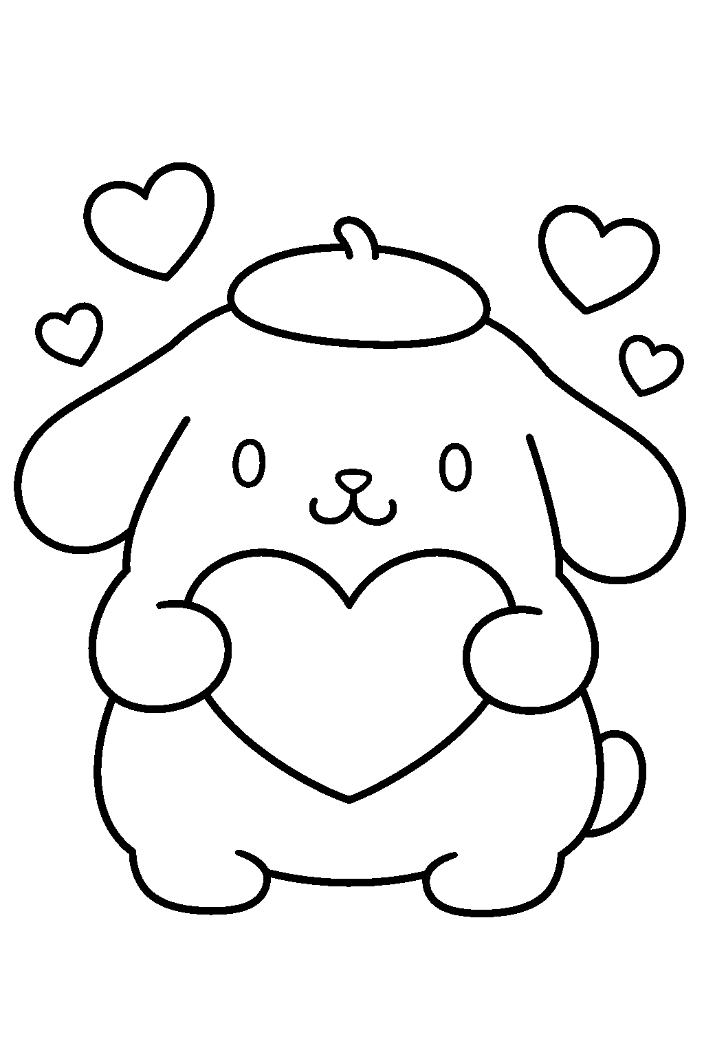pompompurin holding a heart with little hearts around him line art