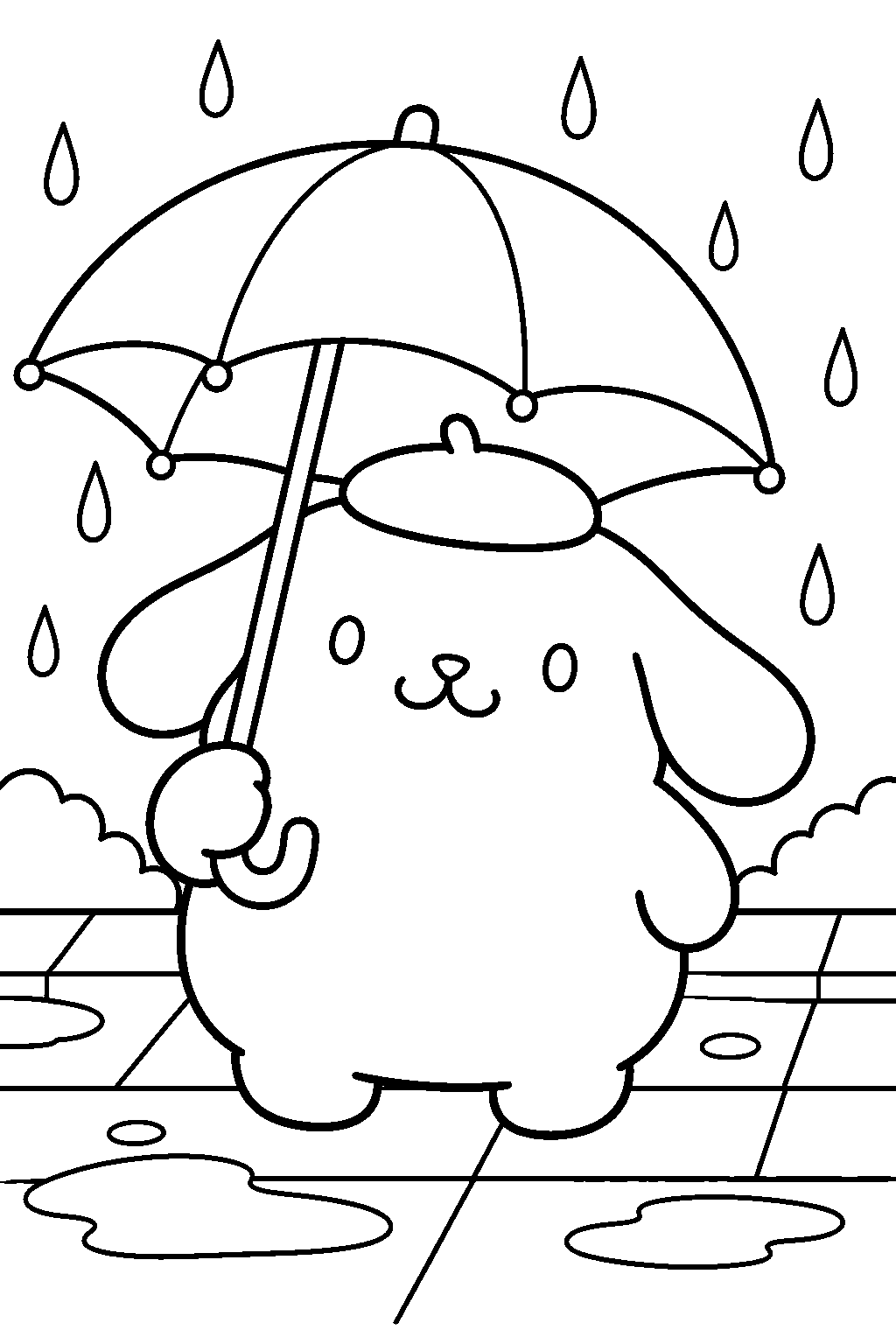 pompompurin holding an umbrella on a rainy sidewalk line art