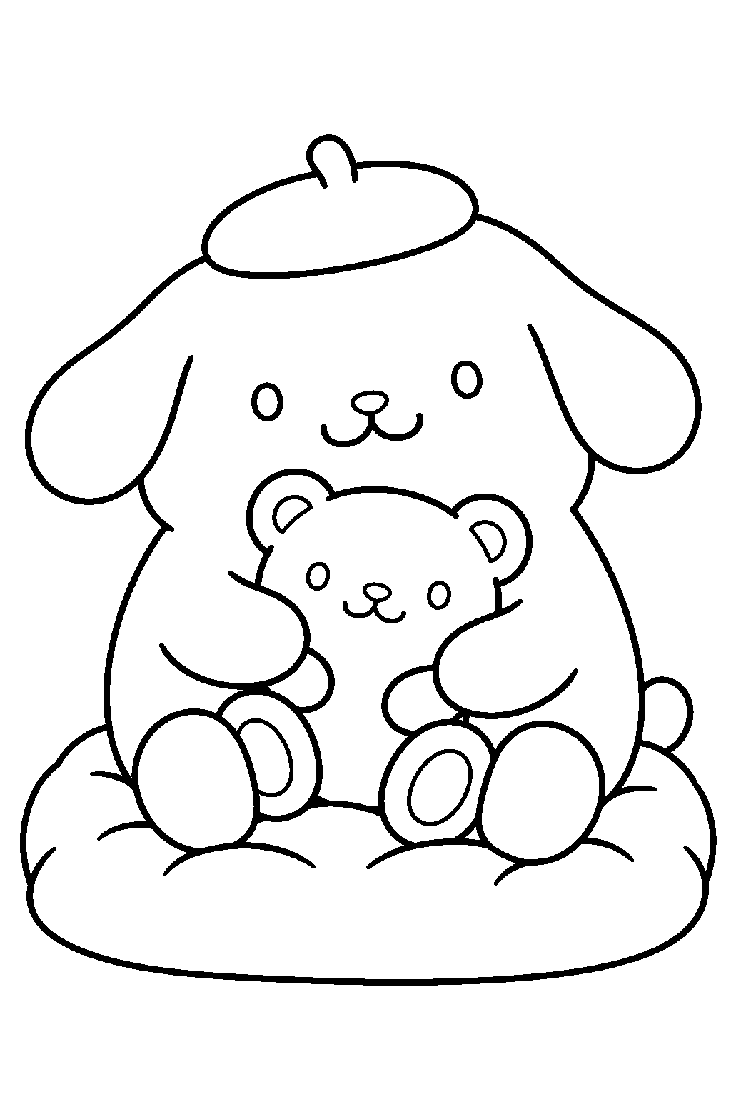 pompompurin hugging a teddy bear on a cushion line art