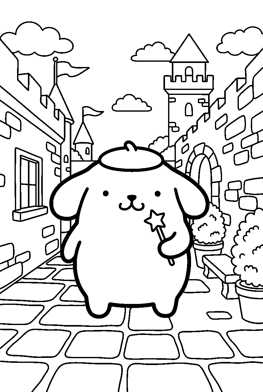 pompompurin in castle courtyard line art