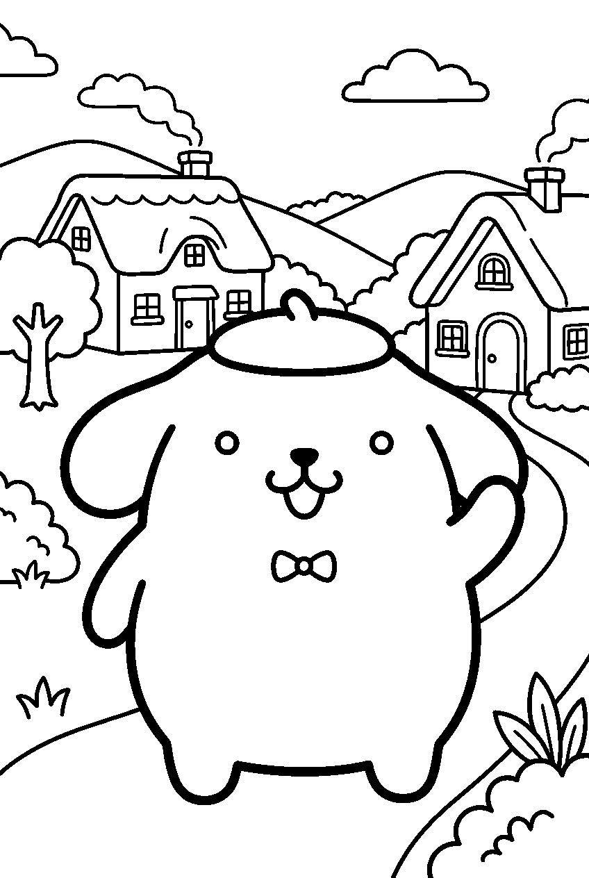 pompompurin in countryside village line art