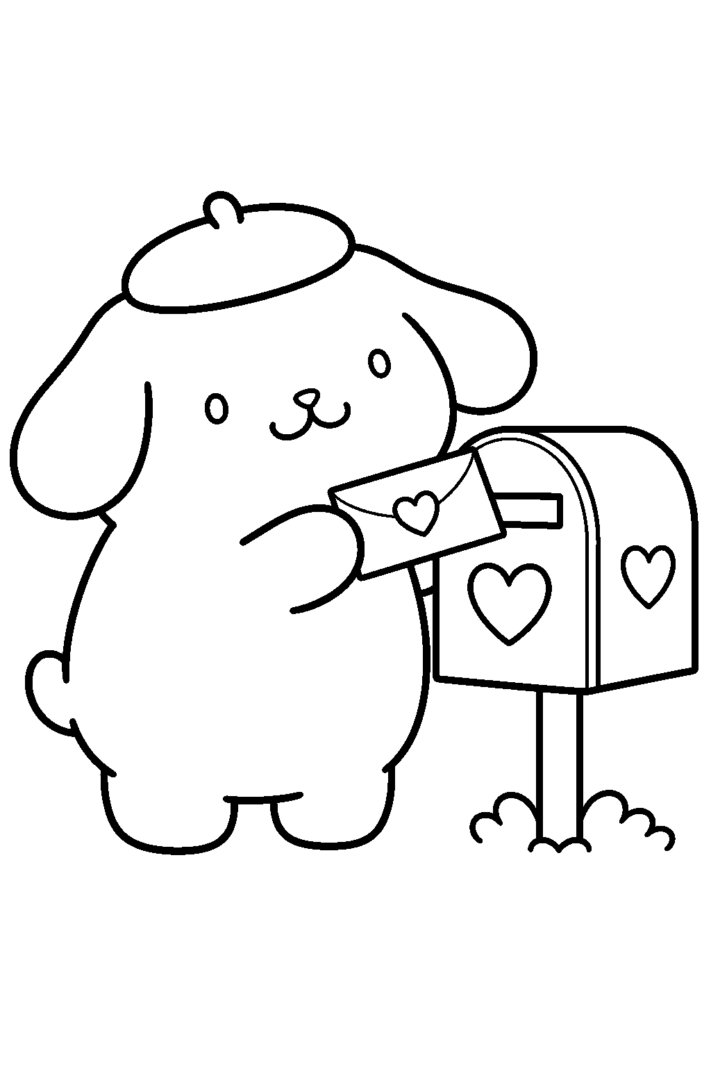 pompompurin mailing a valentine card at a heart decorated mailbox line art
