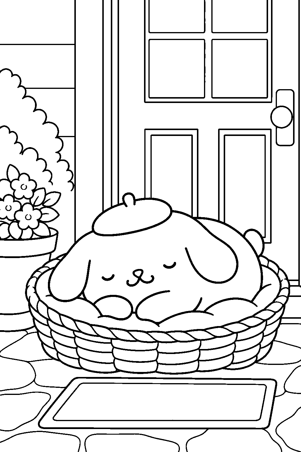 pompompurin napping in his basket beside the front door line art