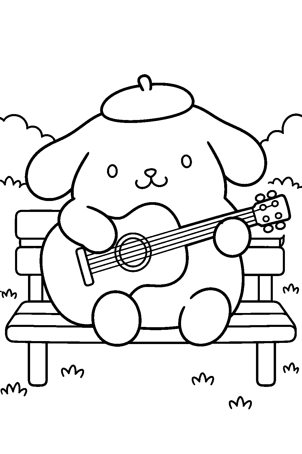 pompompurin playing a guitar on a park bench line art