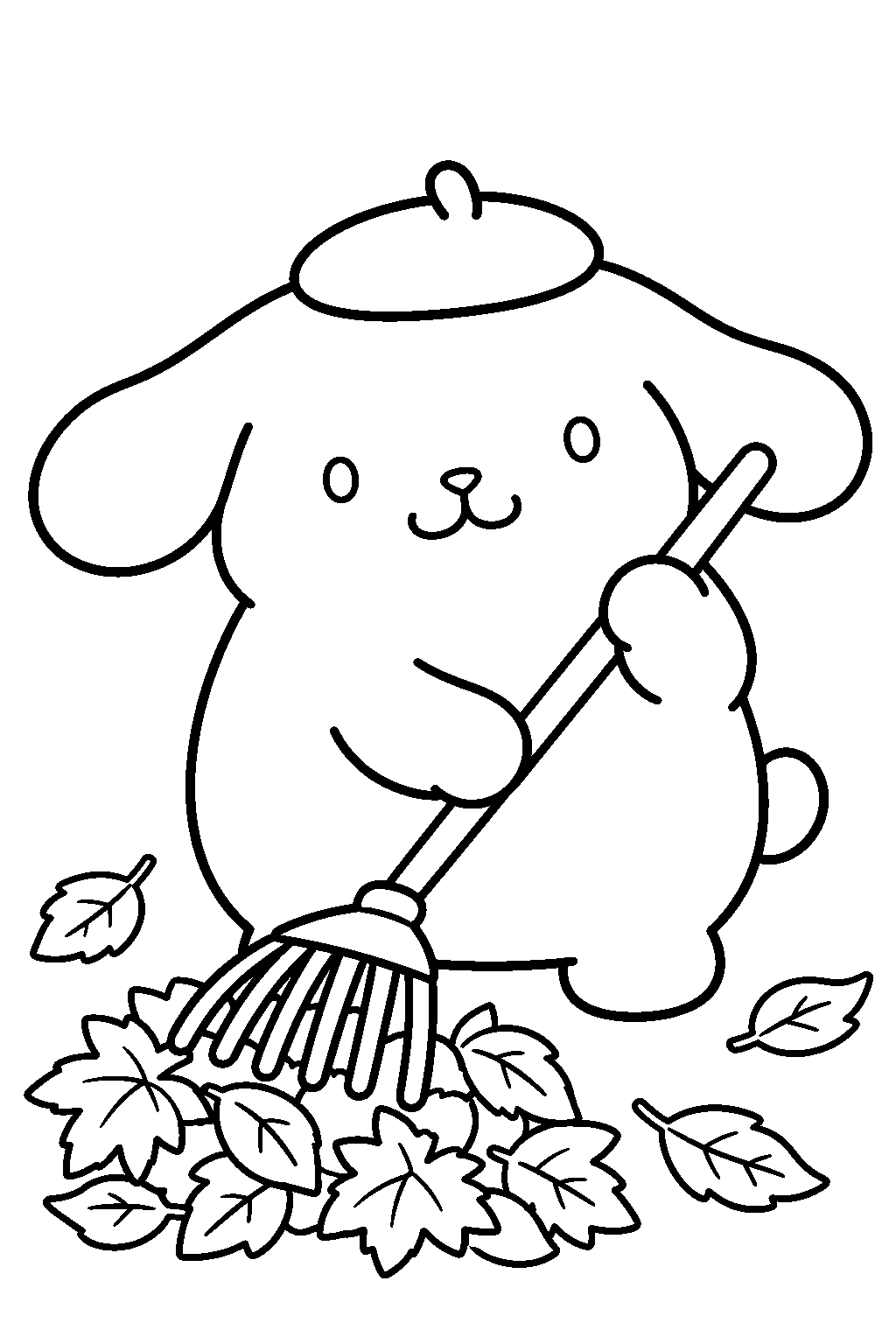 pompompurin raking autumn leaves into a small pile line art