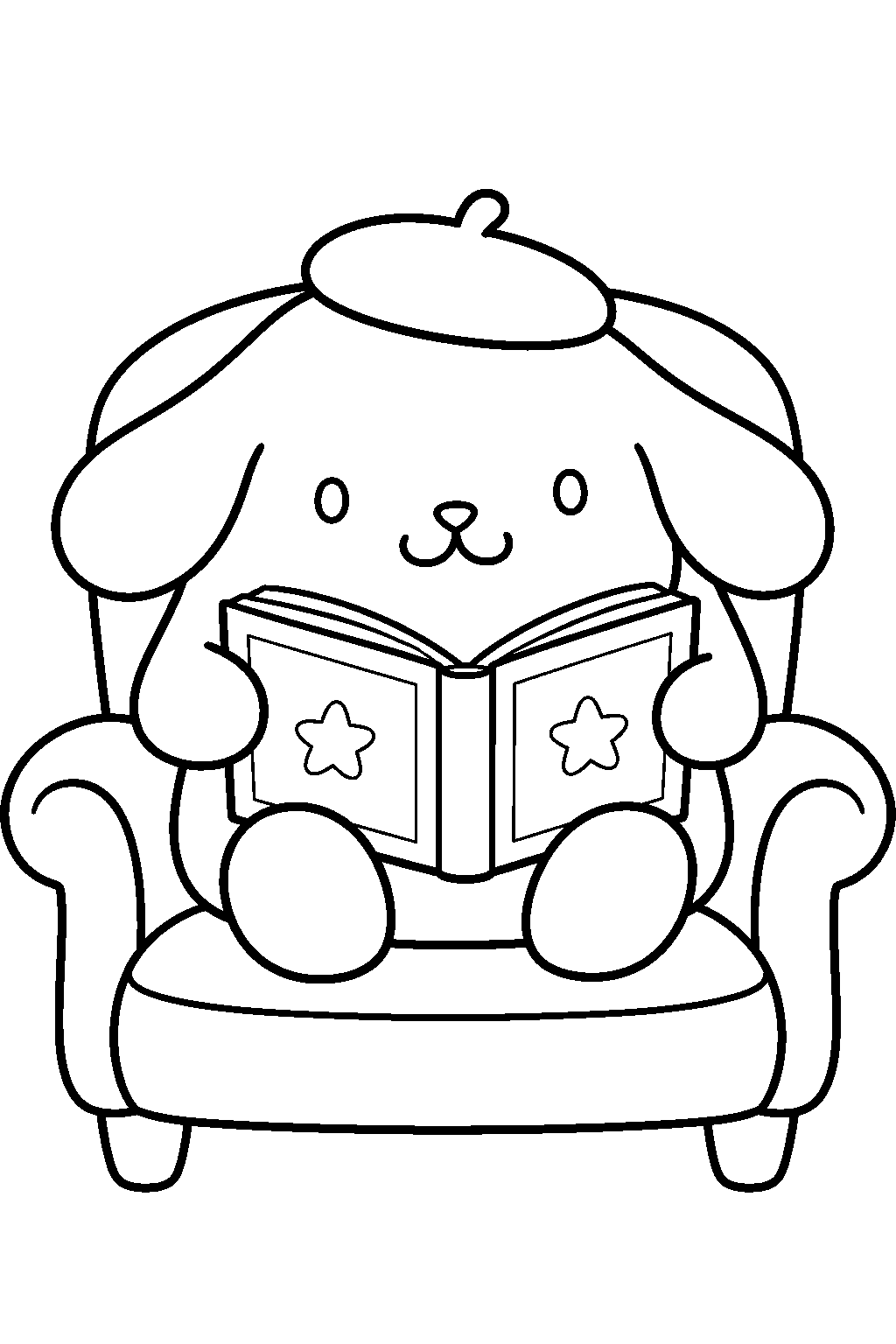 pompompurin reading a storybook in a cozy armchair line art