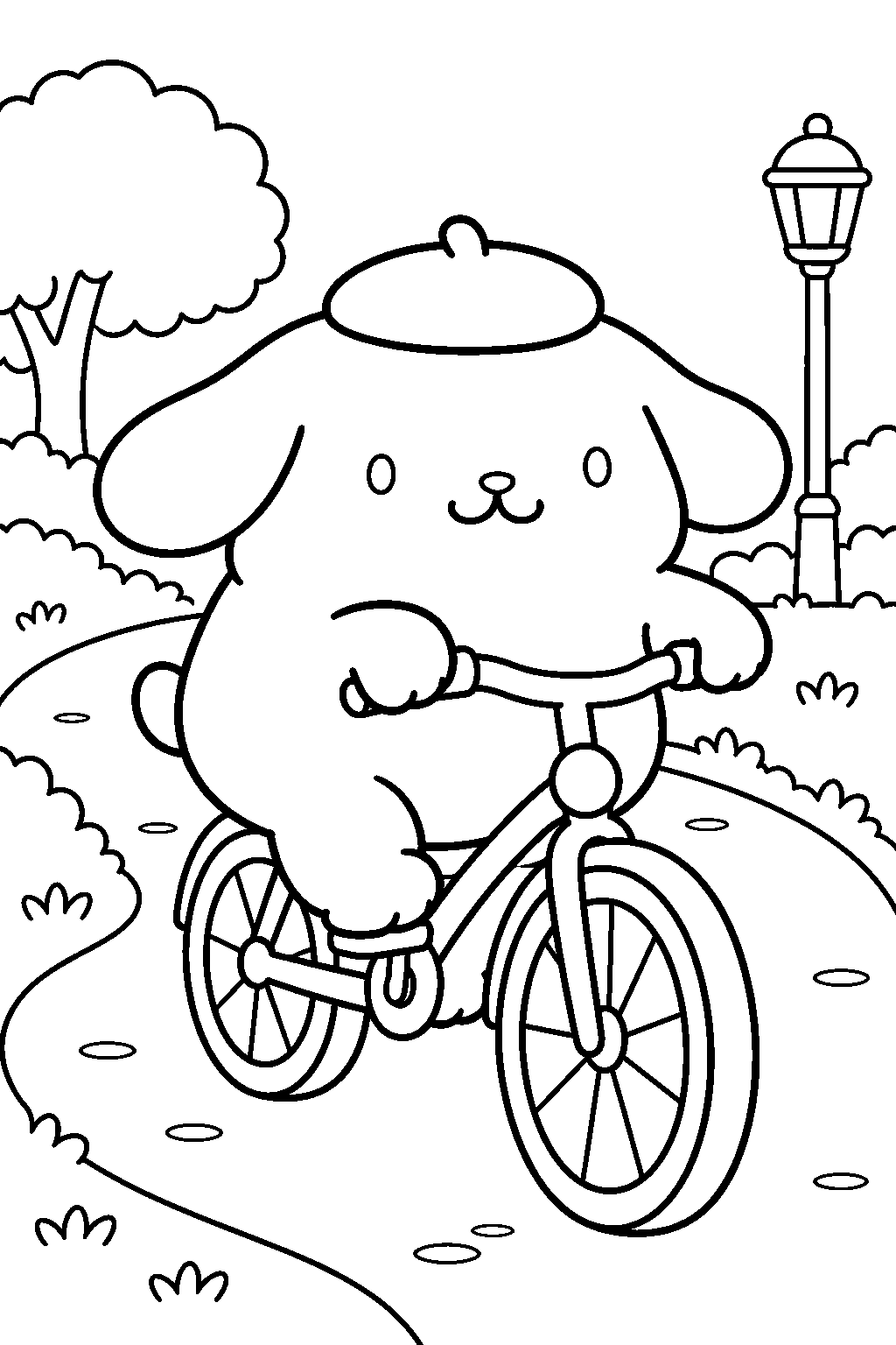 pompompurin riding a bicycle along a park path line art