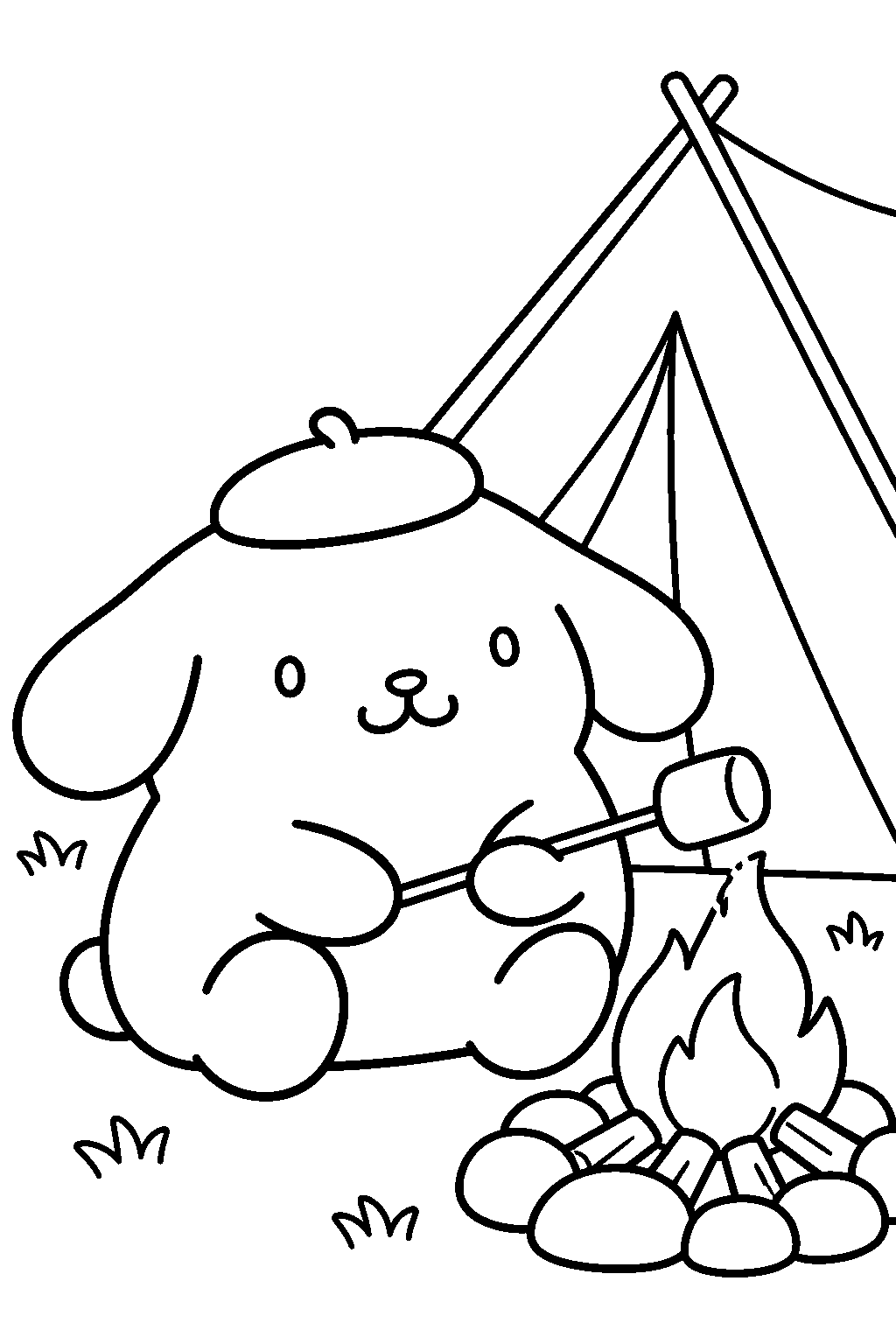 pompompurin roasting a marshmallow beside his camping tent line art