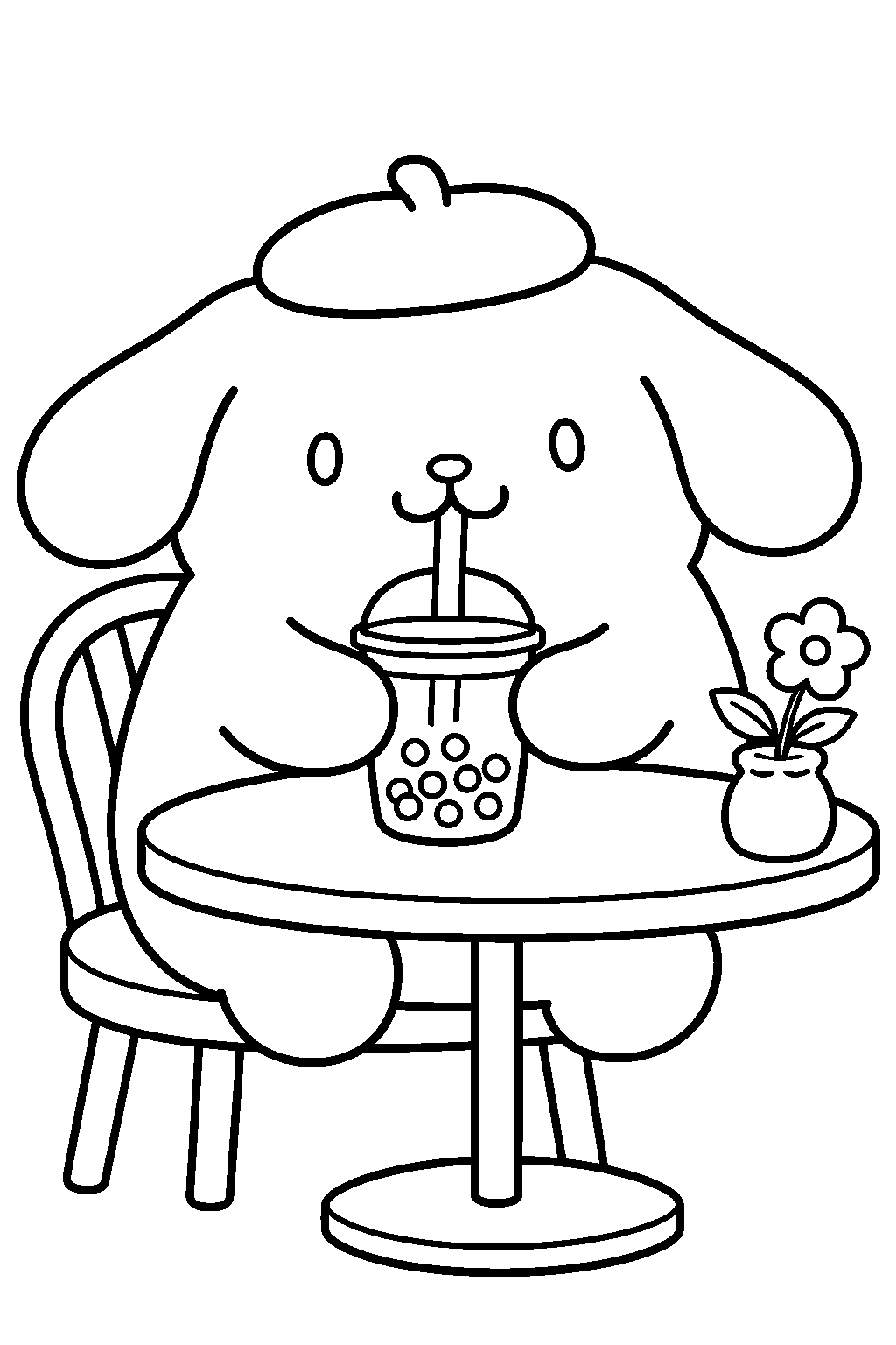 pompompurin sipping boba tea at a cafe table line art