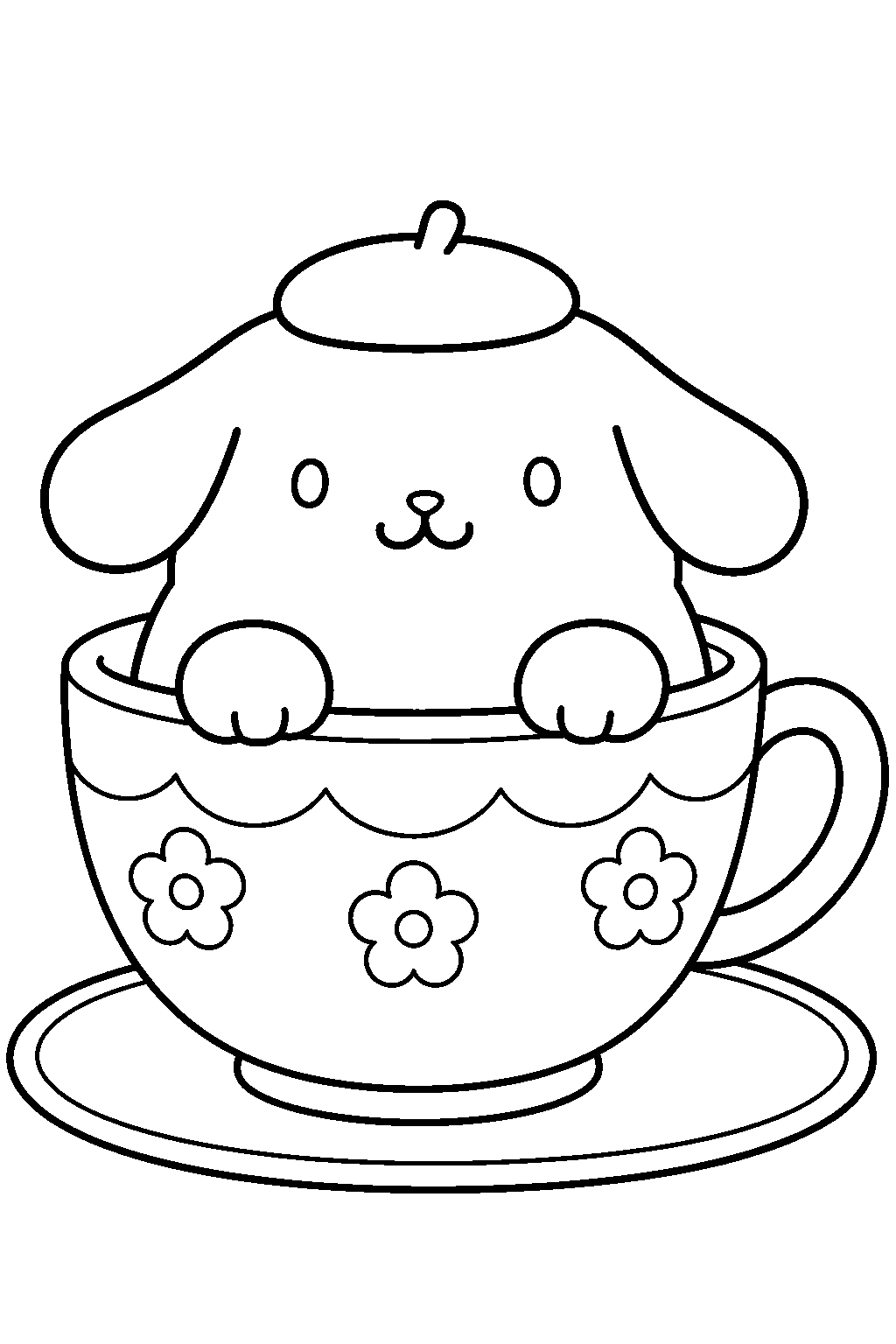 pompompurin sitting inside a giant teacup on a saucer line art
