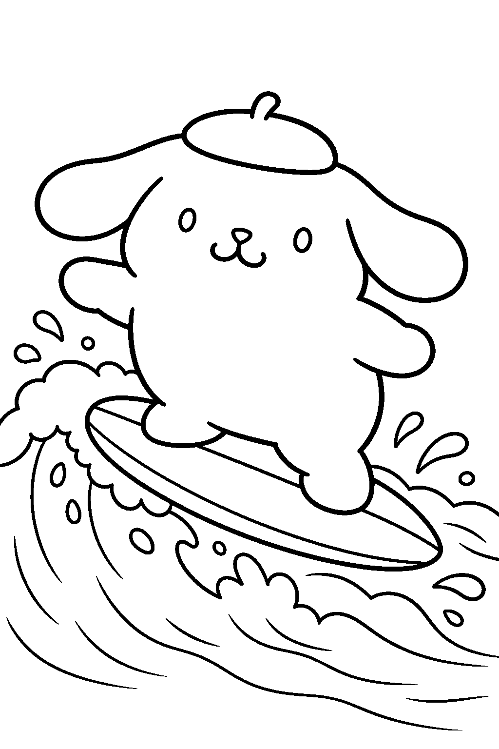 pompompurin surfing a gentle wave on a small surfboard line art