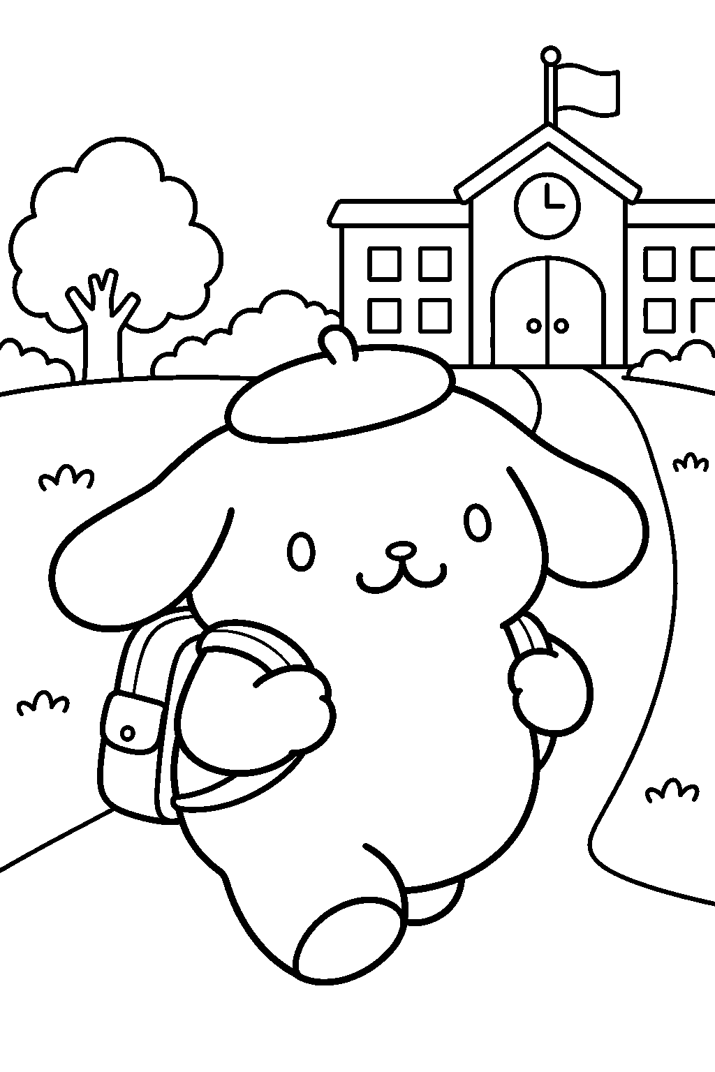 pompompurin walking to school with a backpack line art