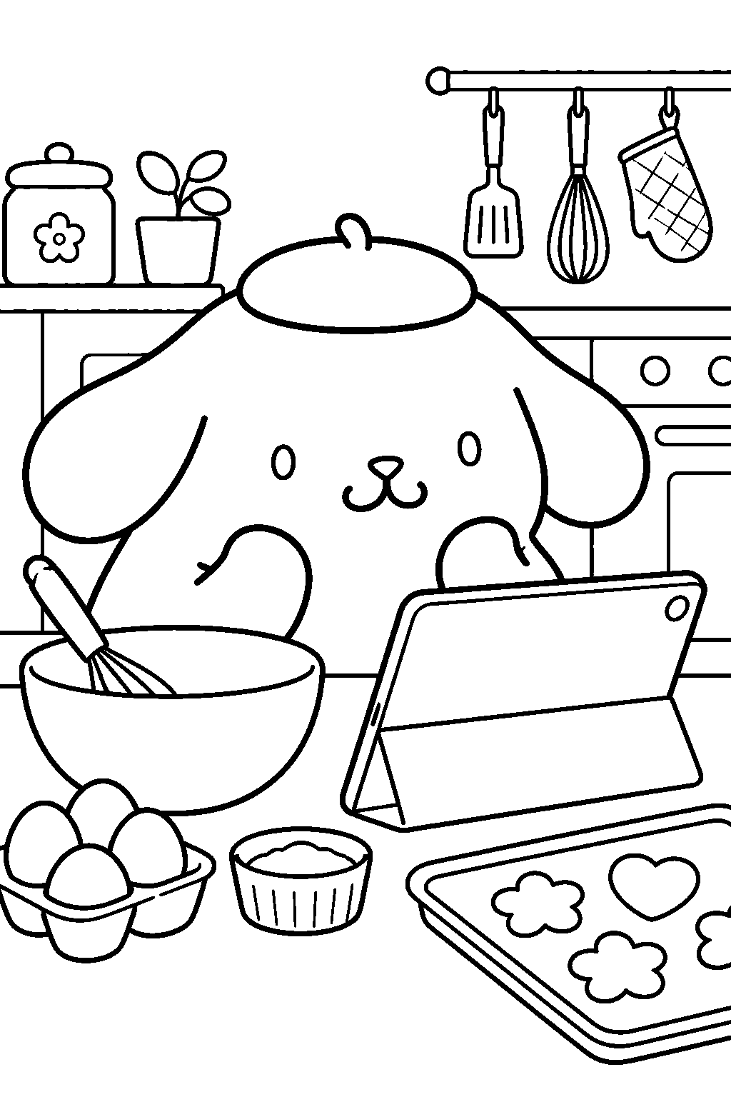 pompompurin watching a baking video on a tablet in the kitchen line art