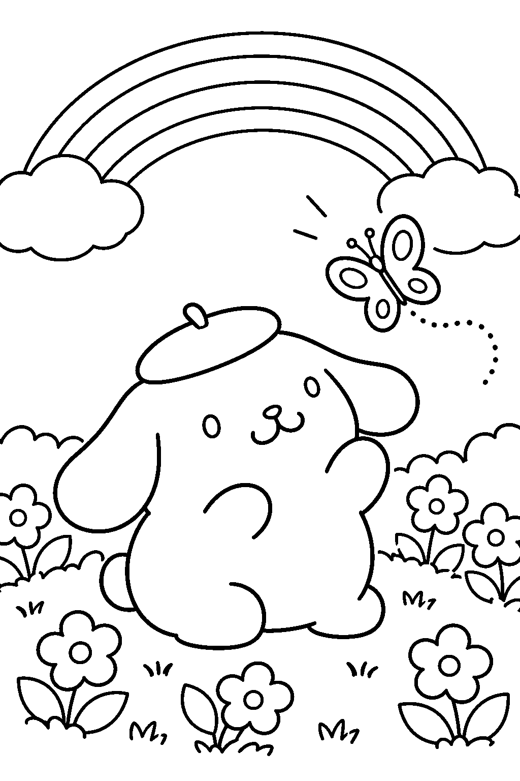 pompompurin watching a butterfly beneath a rainbow in a flower garden line art