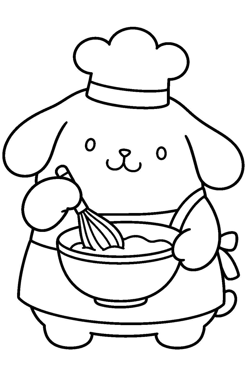 pompompurin wearing a chef hat while whisking batter in a bowl line art