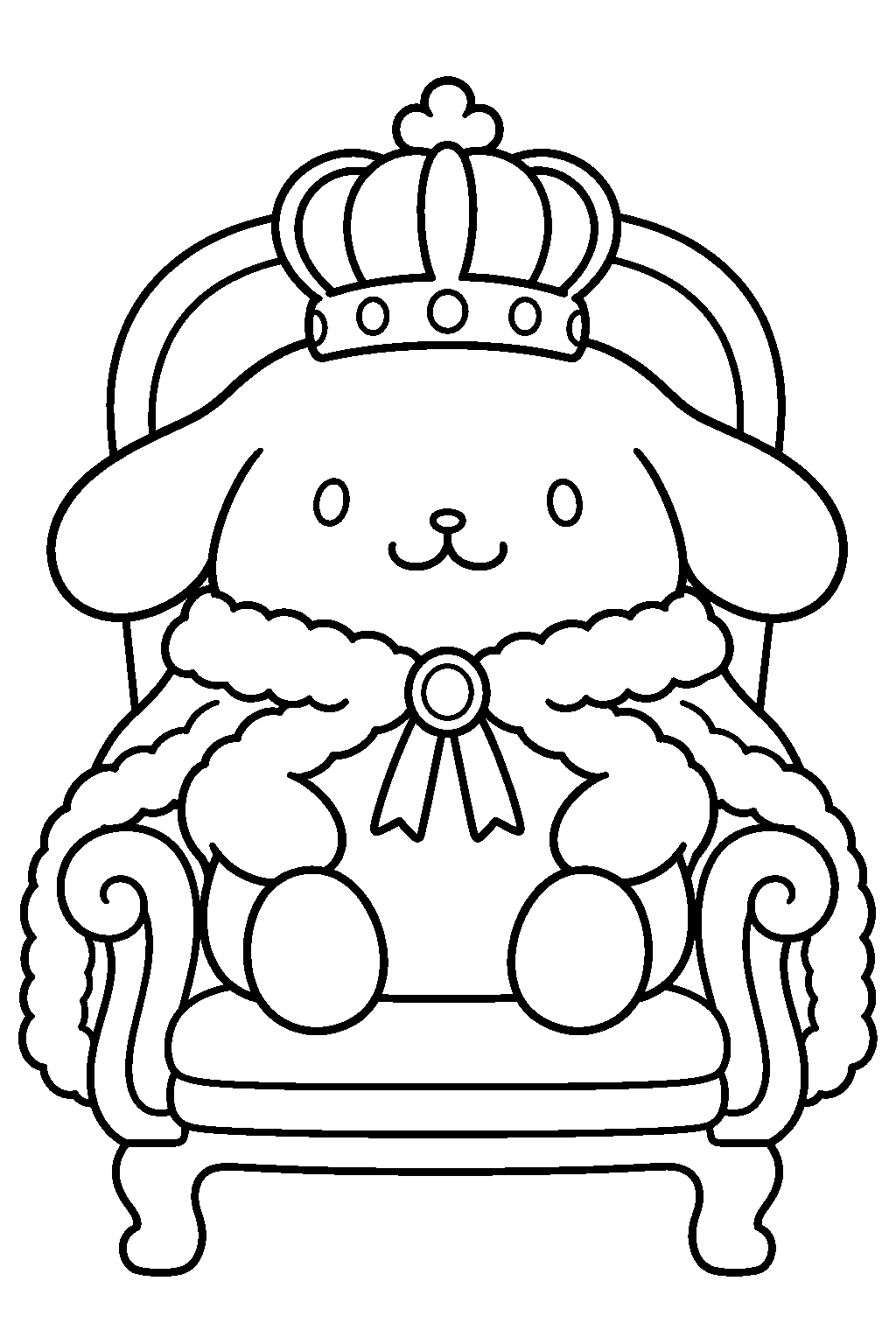 pompompurin wearing a crown and royal cape on a little throne line art