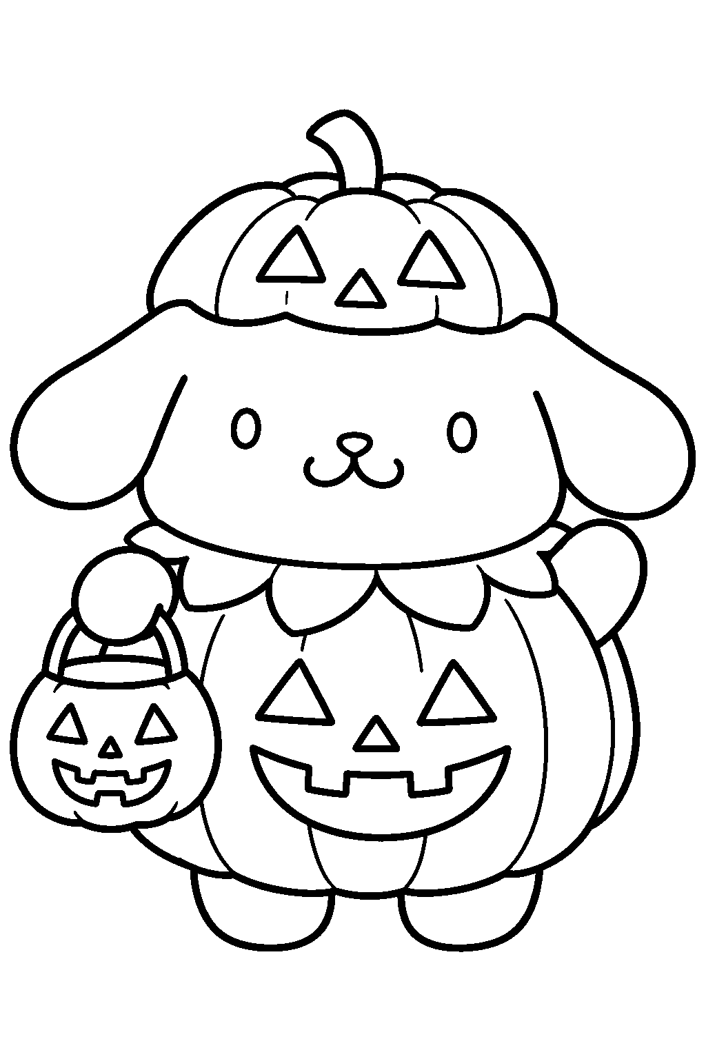 pompompurin wearing a pumpkin costume while trick or treating line art