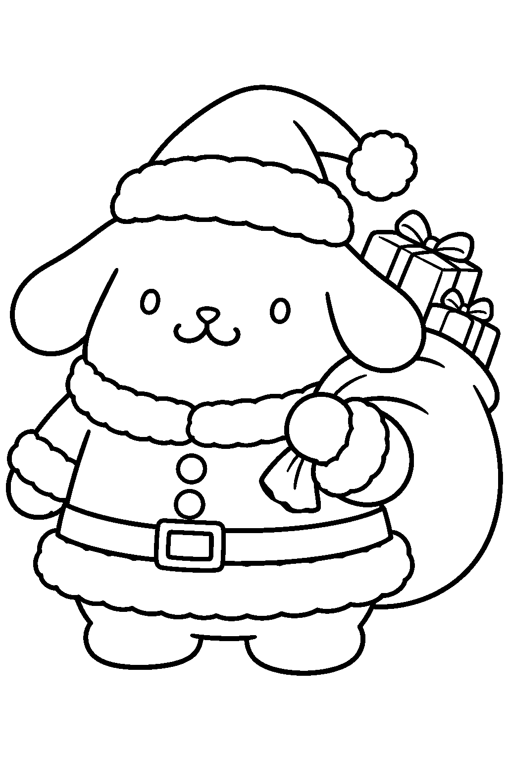 pompompurin wearing a santa coat and carrying a sack of presents line art