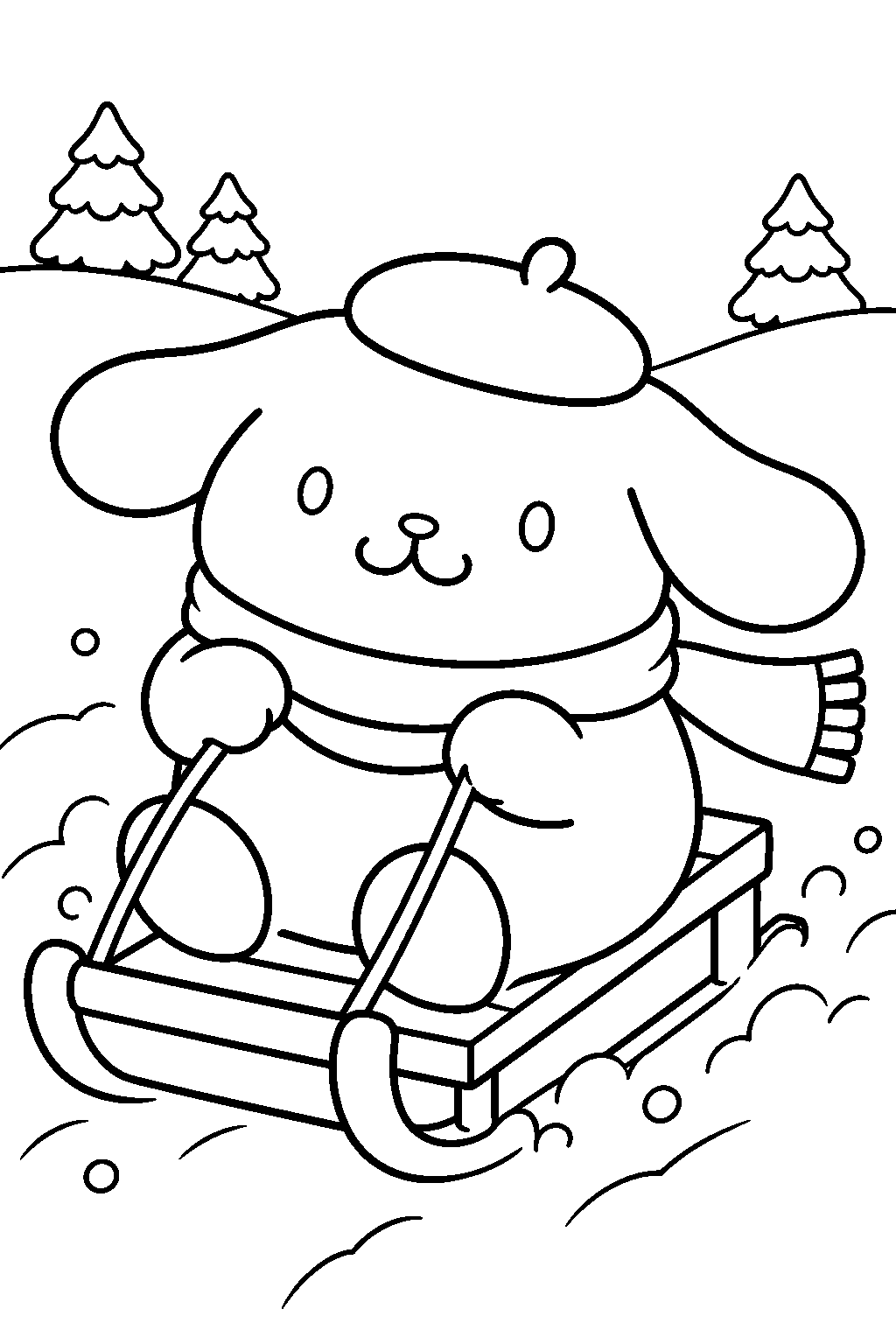 pompompurin wearing a scarf while sledding down a snowy hill line art