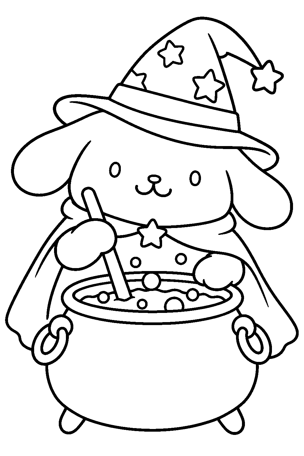 pompompurin wearing a wizard hat while stirring a bubbling cauldron line art