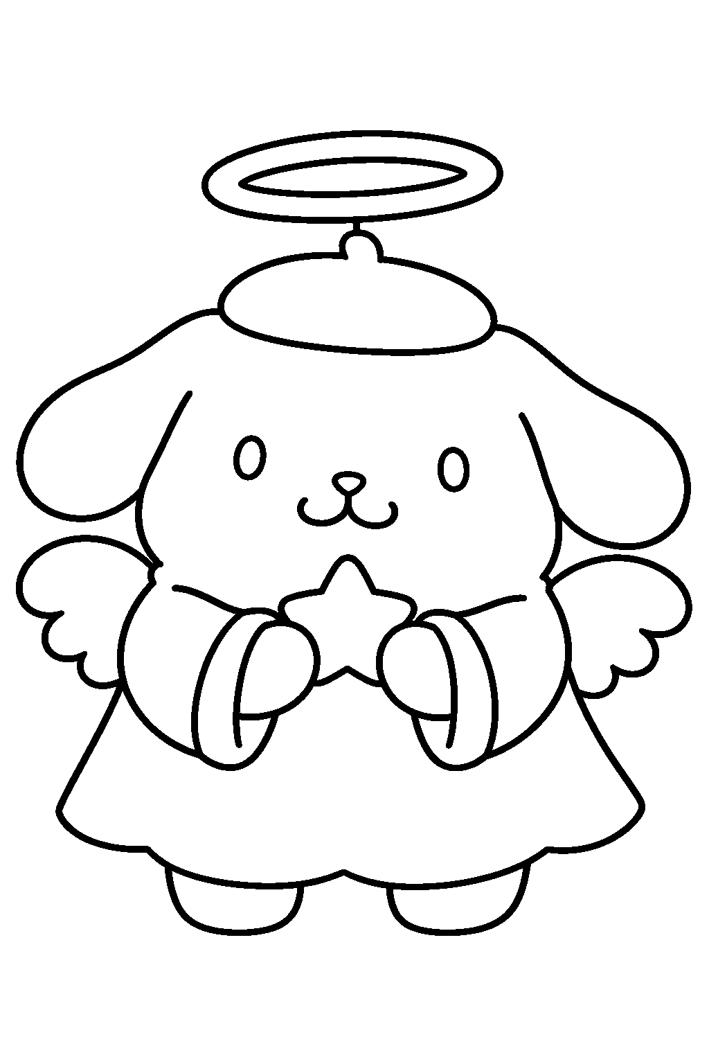 pompompurin wearing an angel costume with a halo and small wings line art