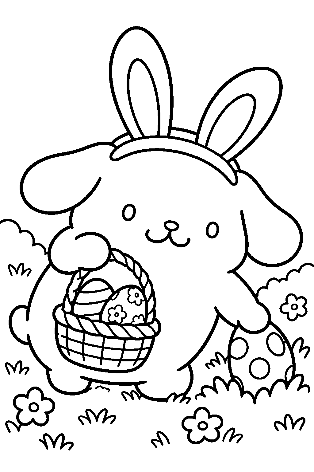 pompompurin wearing bunny ears while searching for easter eggs line art