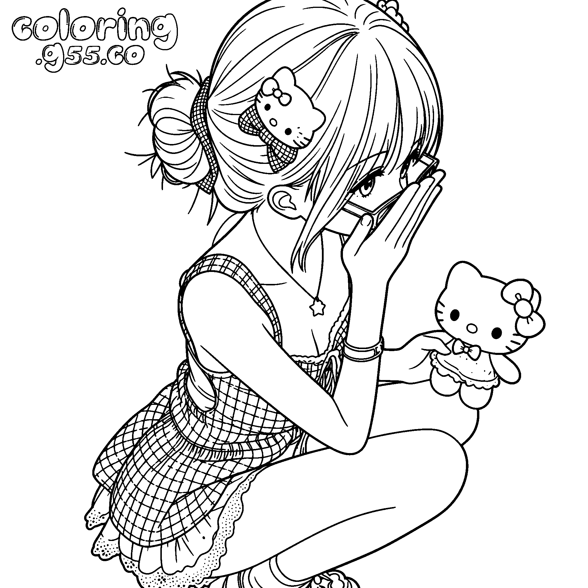 anime girl hello kitty line art