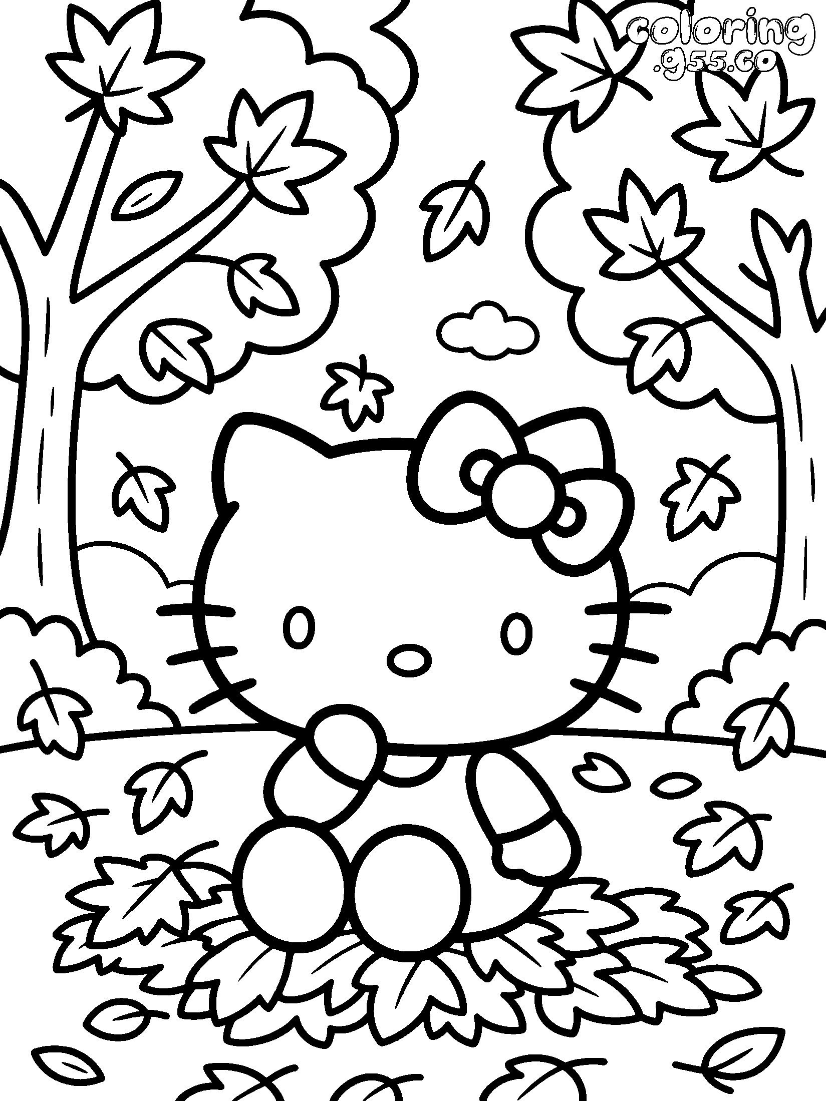 cute hello kitty autumn leaves line art