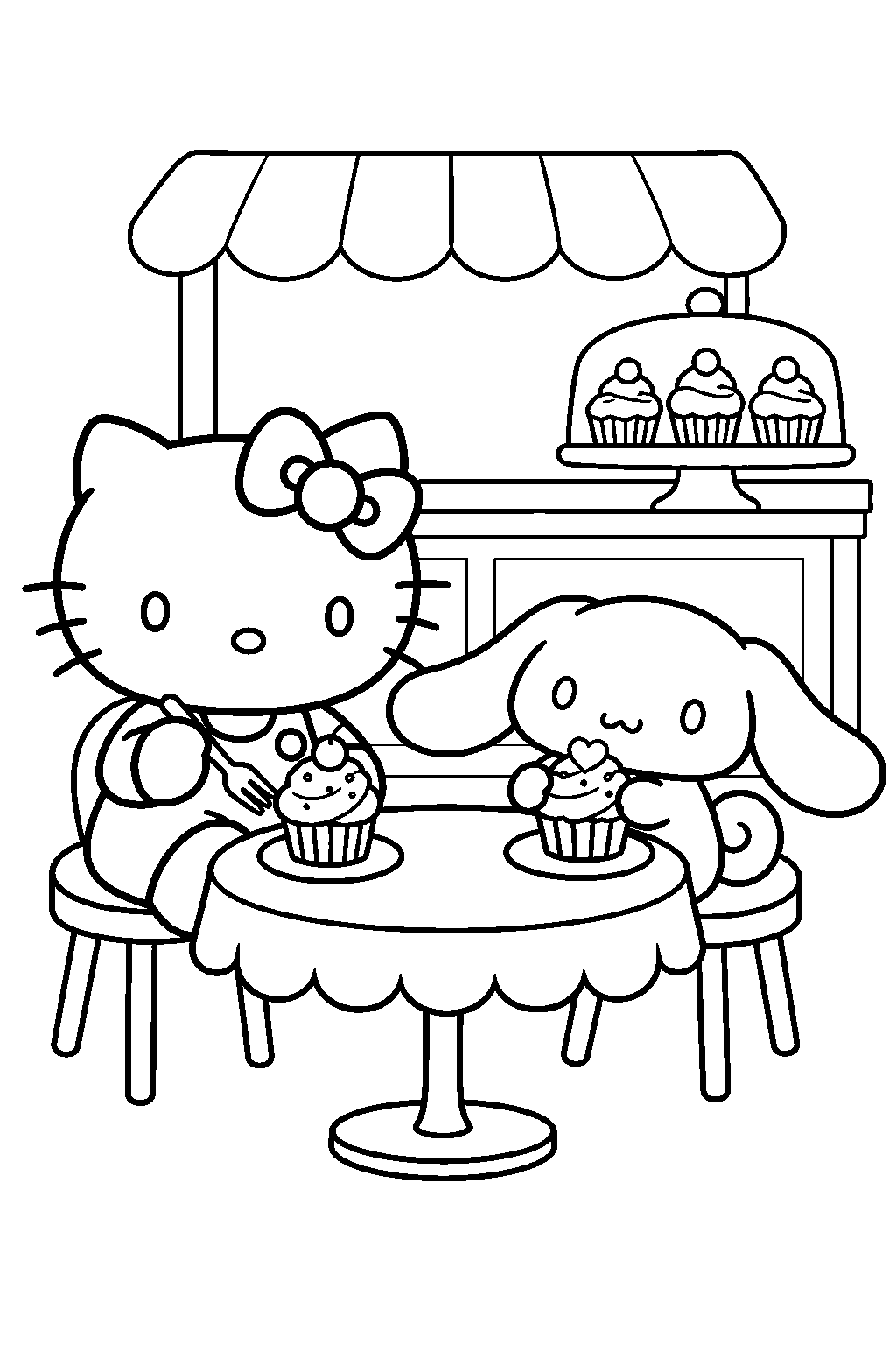 hello kitty and cinnamoroll enjoying cupcakes at cafe cinnamon line art