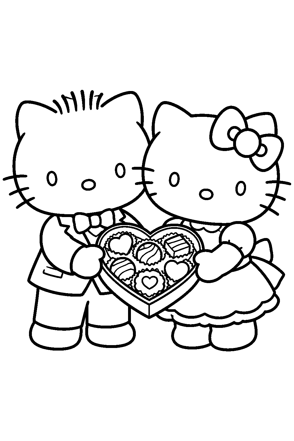 hello kitty and dear daniel sharing a heart shaped box of chocolates line art