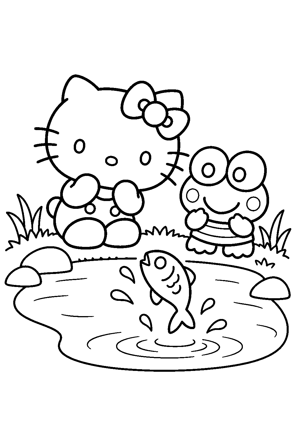 hello kitty and keroppi watching a fish jump from a pond line art