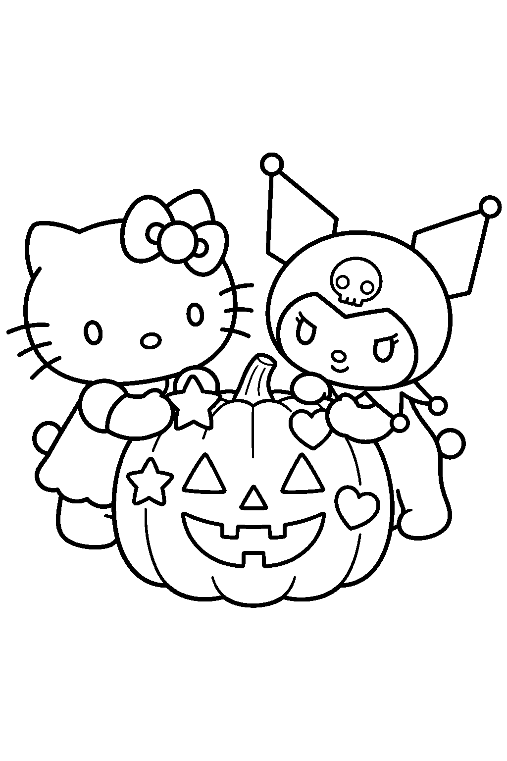 hello kitty and kuromi decorating a halloween jack o lantern line art