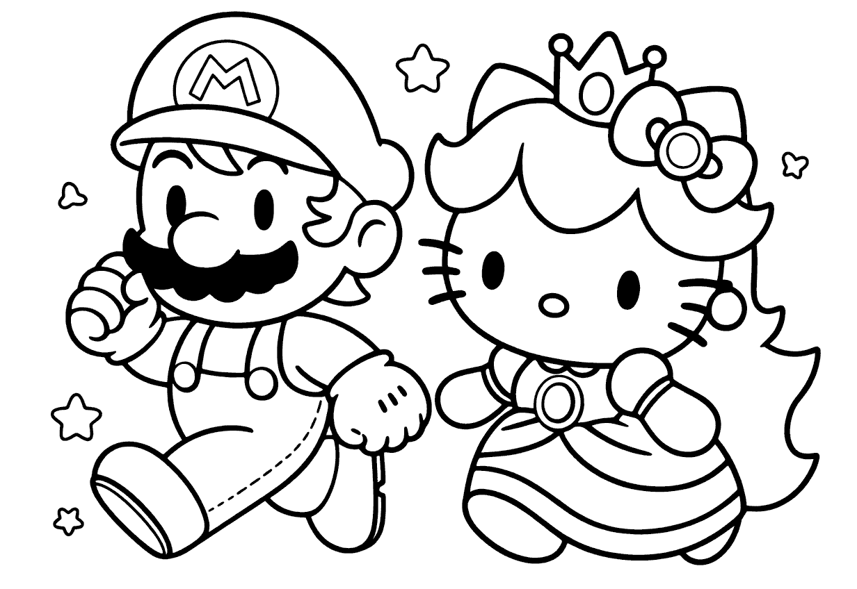 hello kitty and mario adventure line art for kids