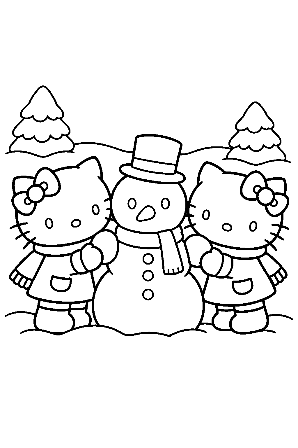hello kitty and mimmy building a snowman in winter line art