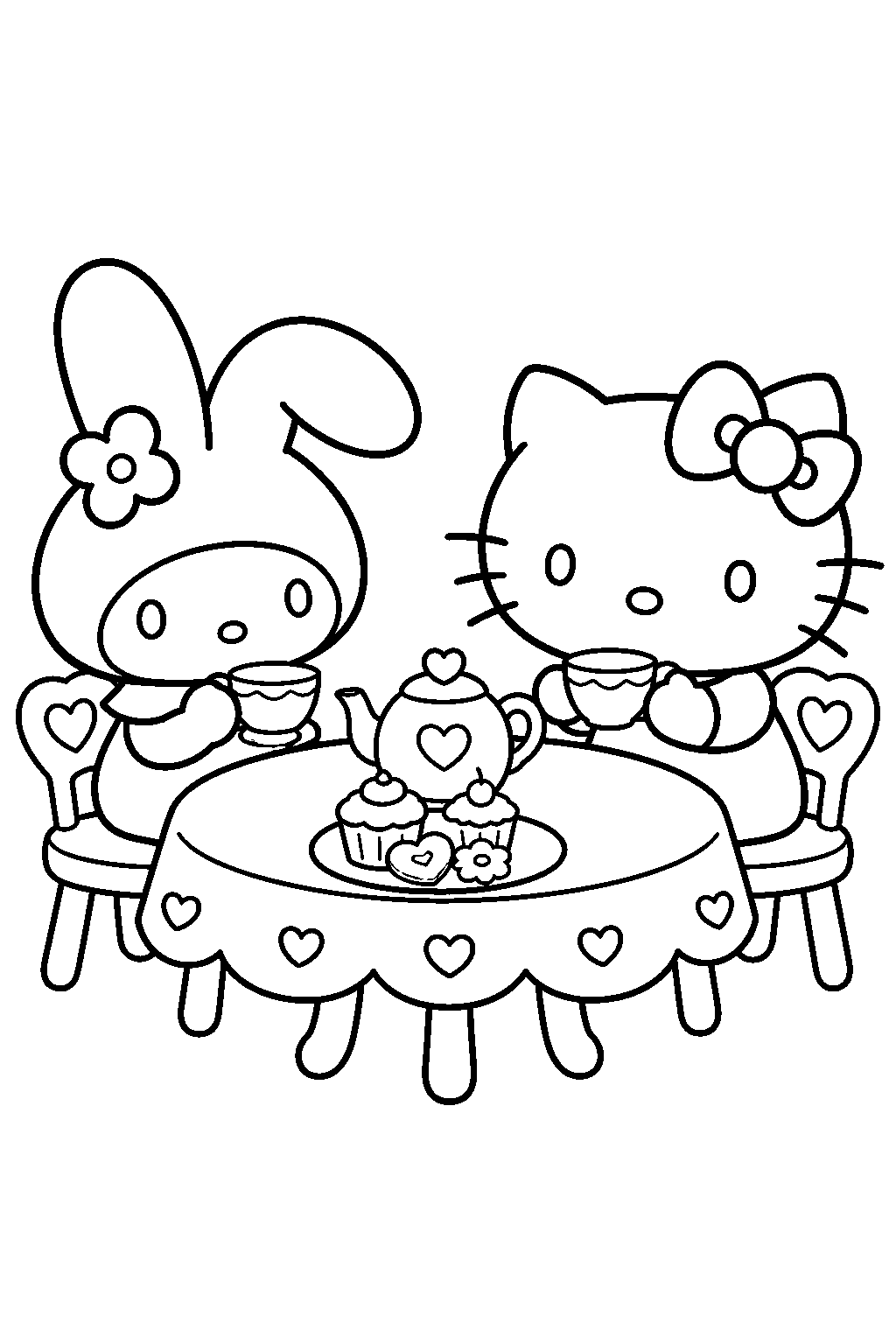 hello kitty and my melody having a tea party line art