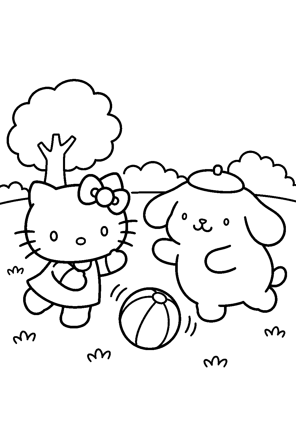 hello kitty and pompompurin playing with a ball in the park line art