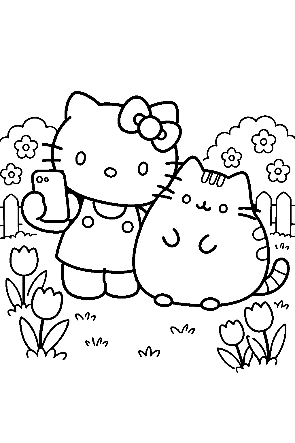 hello kitty and pusheen taking a selfie in a flower garden line art