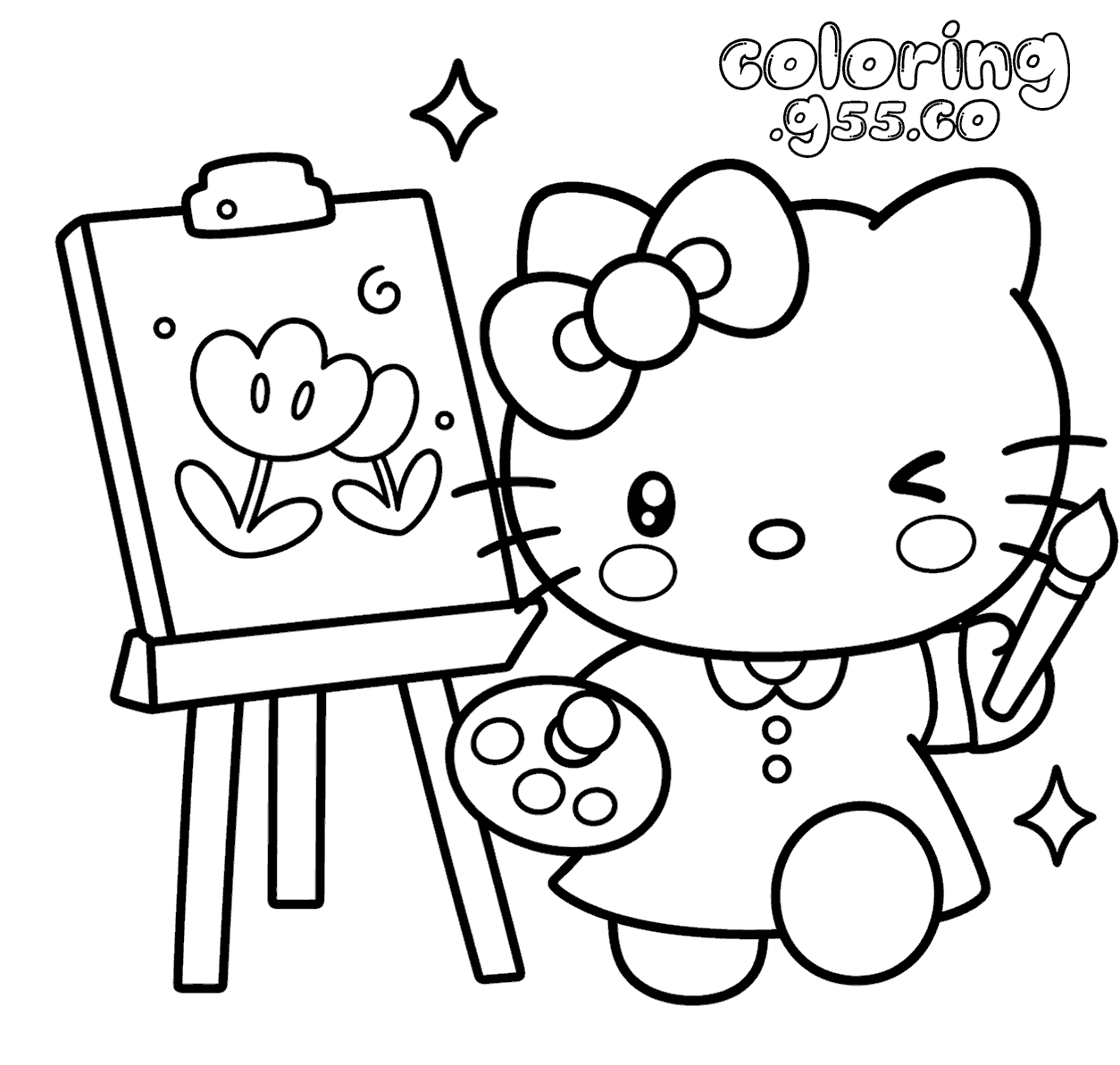 hello kitty artist painting flower on easel line art for kids