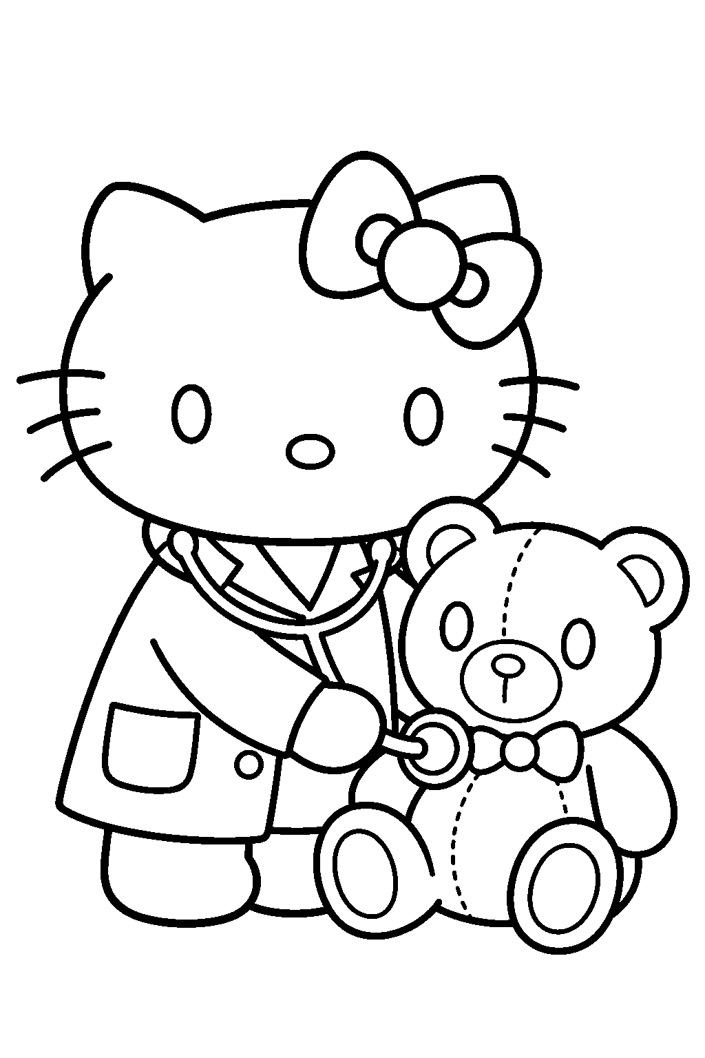 hello kitty as a doctor examining a teddy bear with a stethoscope line art