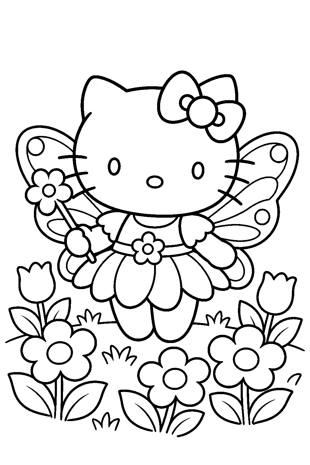 hello kitty as a fairy with butterfly wings in a flower garden line art