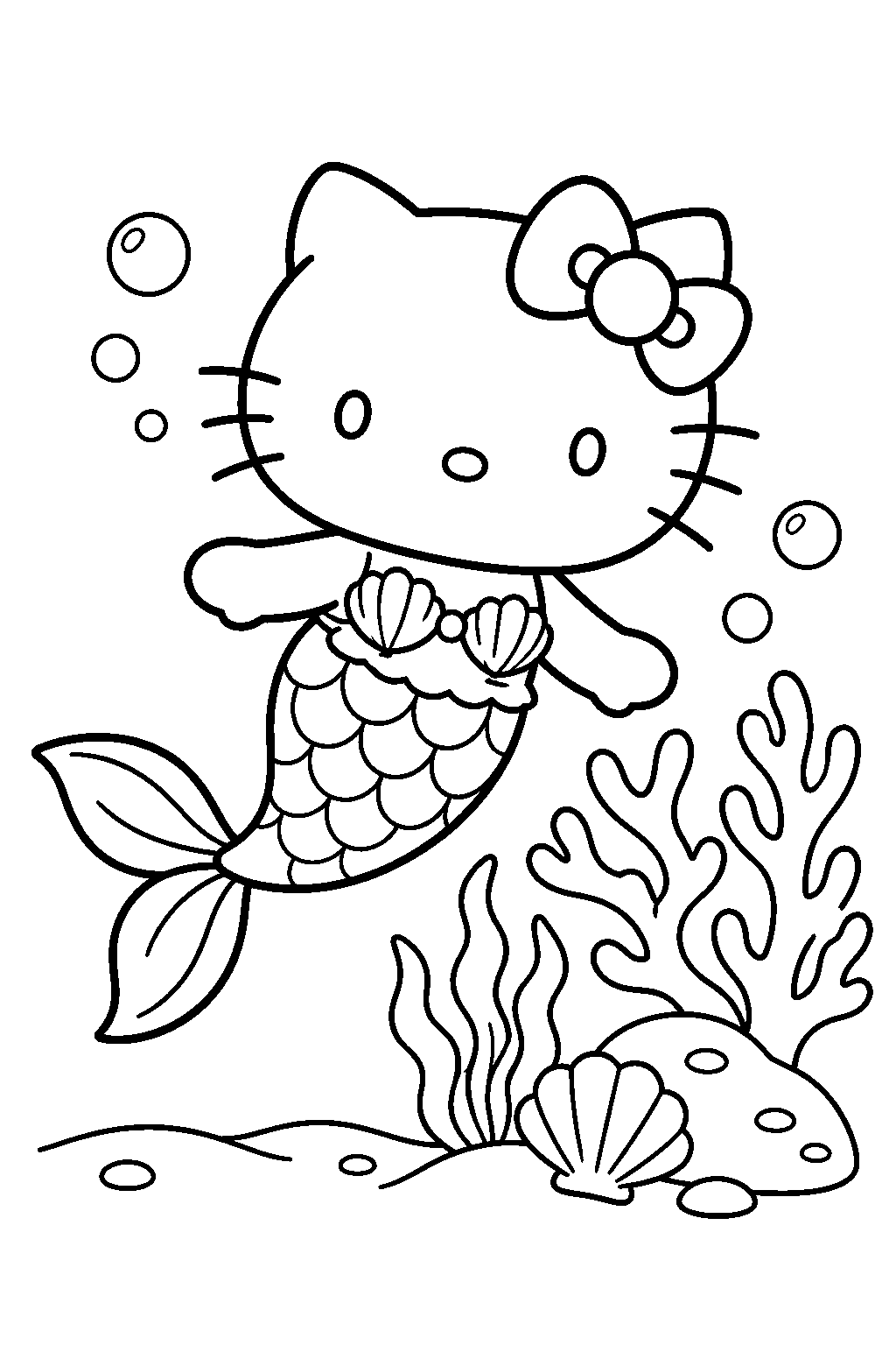 hello kitty as a mermaid swimming beside a coral reef line art