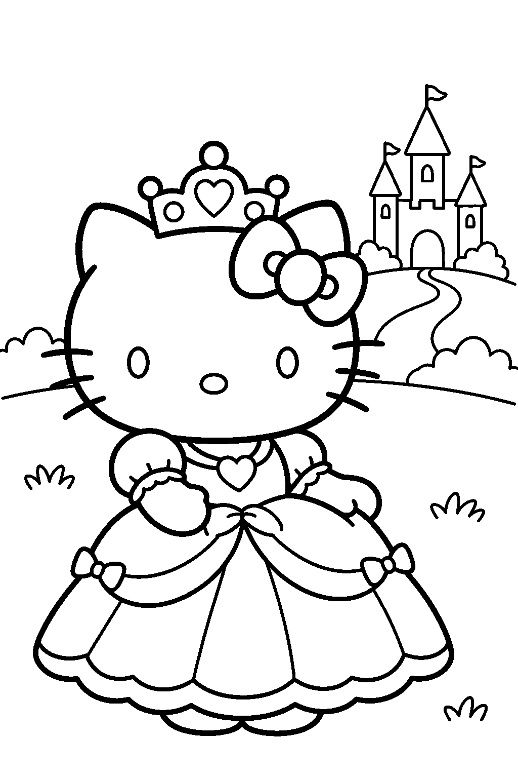 hello kitty as a princess in a crown and gown outside a castle line art